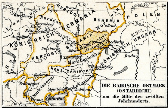 History of Austro-Hungarian Empire -  Ostarrîchi, 12th century (from Meyers Lexikon, 1896, 13/304/305)