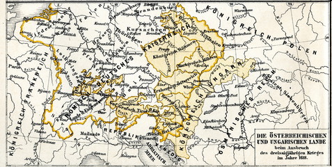 Fototapeta na wymiar History of Austro-Hungarian Empire - Austrian and Hungarian lands in 1618, at the beginning of Thirty Years' War (from Meyers Lexikon, 1896, 13/304/305)
