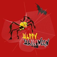 Happy Halloween. A frightened cat, a spider on a cobweb, a bat