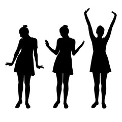 Set of vector realistic silhouettes posing young women in dress isolated