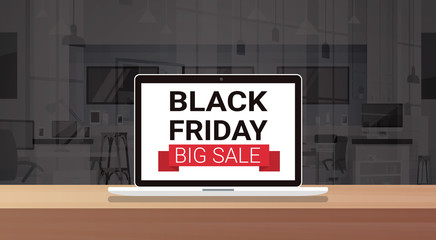 Black Friday Big Sale Message On Laptop Monitor Holiday Special Offer Poster Concept Flat Vector Illustration