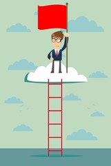 A businessman climbed using the ladder and standing on the top of the cloud holding the red flag. Leadership concept. Stock flat vector illustration.