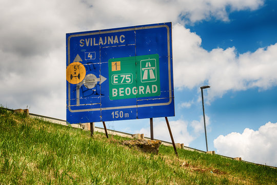 Markovac, Serbia may 17, 2017: Traffic sign for Svilajnac and Belgrade