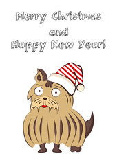 dogs in New Year's costumes. New Year symbol 2018. Gift card with Christmas puppy on white background. Santa Claus. New Year's and Christmas. Post card.