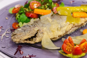 pickled trout with vegetables and salad