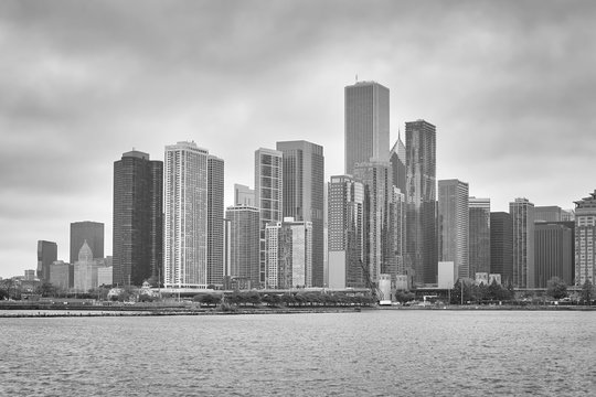 Black and white picture of Chicago waterfront, USA