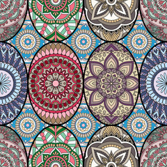 Seamless pattern tile with mandalas. Vintage decorative elements. Hand drawn background. Islam, Arabic, Indian, ottoman motifs. Perfect for printing on fabric or paper.