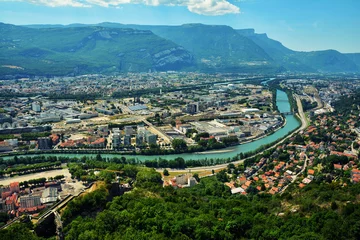  Amazing view with Isere river  and buildings architecture. .View from above, from Fort Bastille in Grenoble, France © elephotos