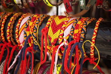 Close up view of colorful bracelets in Ibiza showing / reflecting region's culture and lifestyle....