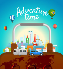 Adventure time concept with lettering logo. Vector travel illustration