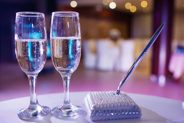 glasses of champagne for the wedding couple on wedding marriage ceremony