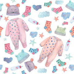 Baby clothes illustrations in a seamless pattern. Cute stuff in gentle colors: romper suits, socks, hats and bottles. Painted in watercolor.