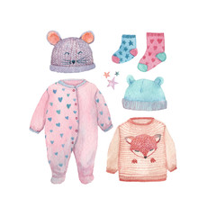 A set of baby clothes painted in watercolor: romper suit, socks, cute hats and a little sweater.