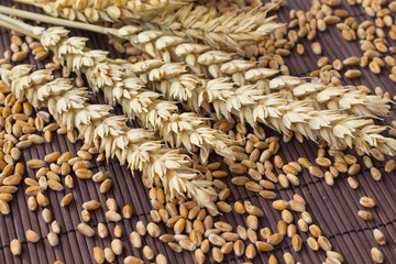 Grains, spikes of wheat  on brown background.