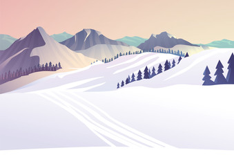 Zimowy pejzaż w górach, ślady po nartach, ilustracja wektorowa