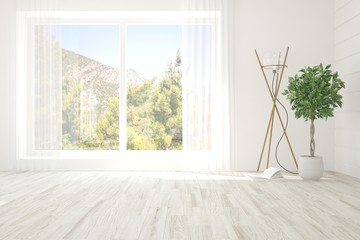 White empty room with summer landscape in window. Scandinavian interior design. 3D illustration