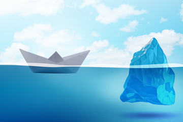 Paper boat almost hitting iceberg - 3d rendering © Elnur