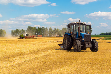 Fototapeta na wymiar Agricultural machinery removes grain crops on field in Russia