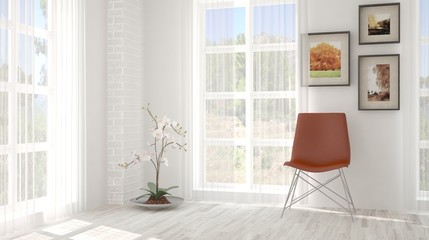 Inspiration of white minimalist room with chair. Scandinavian interior design. 3D illustration