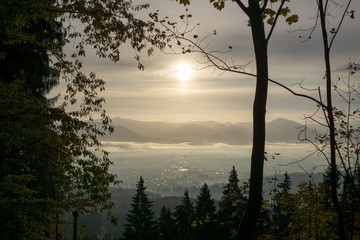 View from mountains with cloudy inversion below. Slovakia