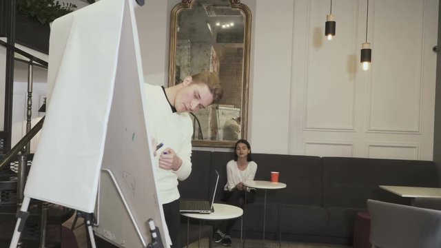 Man and woman discuss work moments near flipchart