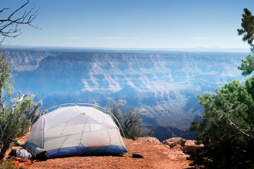 A tent with things on the edge of the cliff.  Point Sublime, North Rim Grand Canyon National Park Arizona, US