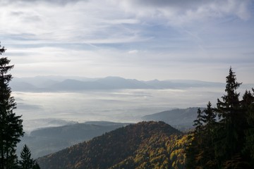 View from mountains with cloudy inversion below. Slovakia