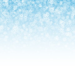 Falling Snow Effect with Realistic Vector Snowflakes Overlay on Light Blue Background. Christmas Holiday Winter Frozen Ice 3D Illustration