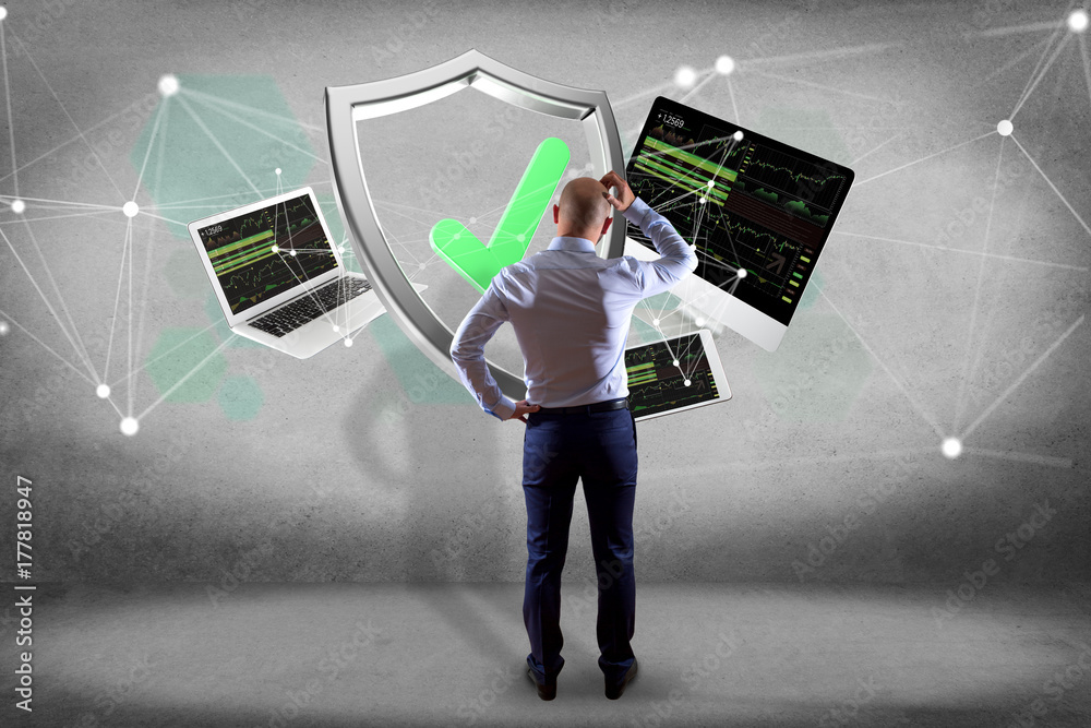 Poster shield symbol surrounded by devices and network displayed on a futuristic interface
