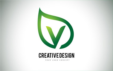 V Leaf Logo Letter Design with Green Leaf Outline