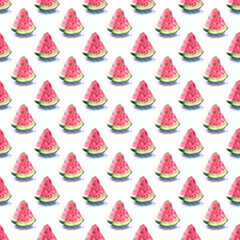 Bright colorful delicious tasty yummy ripe juicy cute red summer autumn fresh dessert slices of watermelon with shadow pattern watercolor hand illustration. Perfect for textile, wallpapers, cards