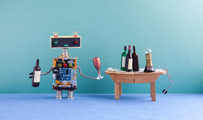 Funny robot gets drunk. Wine party celebration event concept. Creative design cyborg with wine...