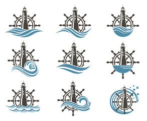 icons collection of yacht helm wheel and lighthouse with sea waves