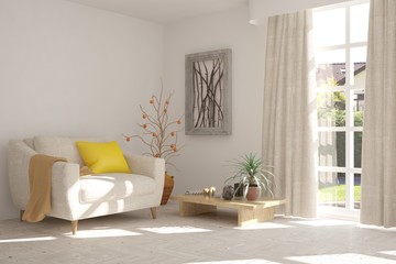 Inspiration of white minimalist room with armchair. Scandinavian interior design. 3D illustration