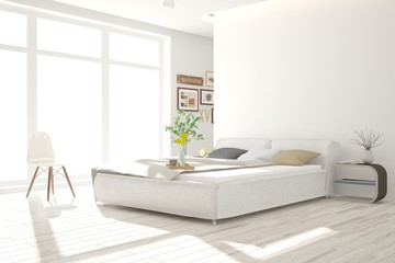 Idea of white minimalist bedroom. Scandinavian interior design. 3D illustration