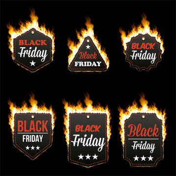 Set of six hot BLACK FRIDAY tags of different shapes surrounded with realistic flame isolated on black background. Burning fire light. Bonfire elements. Gradient mesh vector for your design