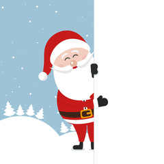 santa claus stand behind banner winter landscape background