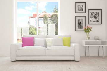 Idea of white minimalist room with sofa. Scandinavian interior design. 3D illustration