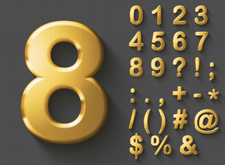 Set of golden luxury 3D Numbers and Characters. Golden metallic shiny bold symbols on gray background. Good set for wealth and jewel concepts. Transparent shadow, EPS 10 vector illustration. - 177822538