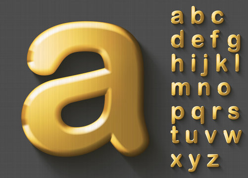 Set of golden luxury 3D lowercase english letters. Golden metallic shiny bold font on gray background. Good typeset for wealth and jewel concepts. Transparent shadow, EPS 10 vector illustration.