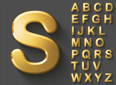 Set of golden luxury 3D uppercase english letters. Golden metallic shiny bold font on gray background. Good typeset for wealth and jewel concepts. Transparent shadow, EPS 10 vector illustration.