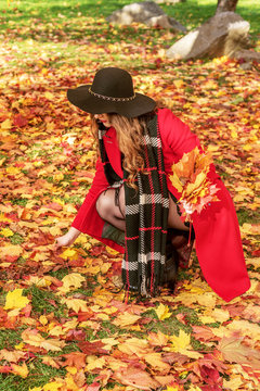  92/5000 devushka sobirayet zheltyye opavshiye osenniye list'ya v krasnom pal'to i chernoy shlyape spryatano litso girl collects yellow fallen autumn leaves in a red coat and black hat hid her face