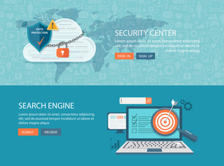 Flat style banners set. Security concept with lock and chain around laptop. Search engine concept with a zoom and a laptop.