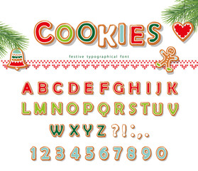 Christmas Gingerbread Cookie font. Biscuit letters and numbers. Vector