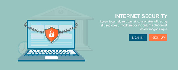 Flat style banner. Security concept with lock and chain around laptop.