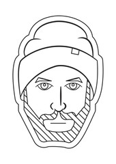 bearded man in a hat, stylish hairstyle, black and white sticker, outline style