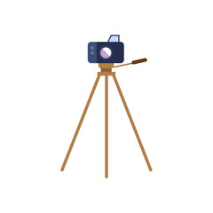 vector flat cartoon lens photo camera standing at special tripod stand front view. Professional photo equipment. Isolated illustration on a white background.