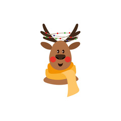 vector flat cartoon cute male christmas reindeer in red scarf head . Winter holiday deer animal simbol portrait. Isolated illustration on a white background.