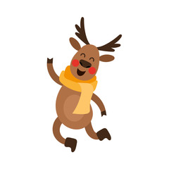 vector flat cartoon cute male christmas reindeer in red scarf dancing or happily jumping smiling. Winter holiday deer animal simbol full lenght. Isolated illustration on a white background.