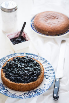 cake with buckwheat flour stuffed with blueberry jam